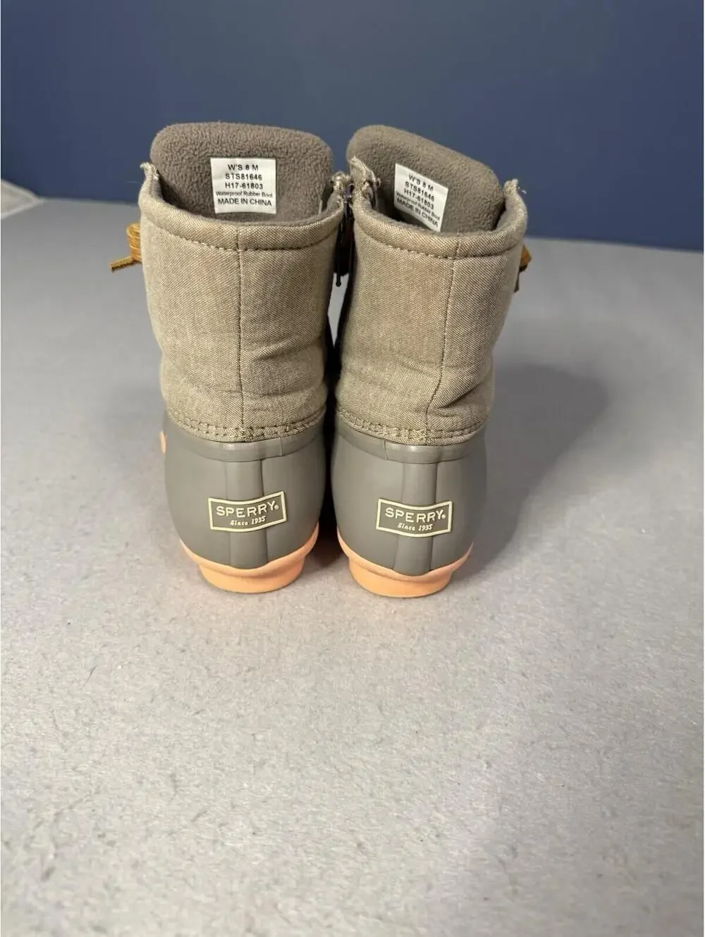 Sperry Saltwater Canvas Duck Boots Womens‎ 8 Grey Tan Coral STS85226 Waterproof